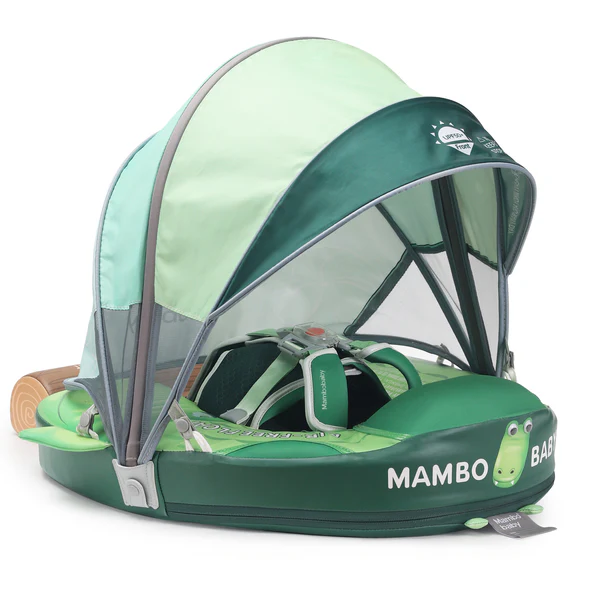 Mambobaby Non-Inflatable Baby Swim Float with Detachable Canopy, UPF 50+ Sun Protection, 5-Point Safety System, for Babies 3-24 Months