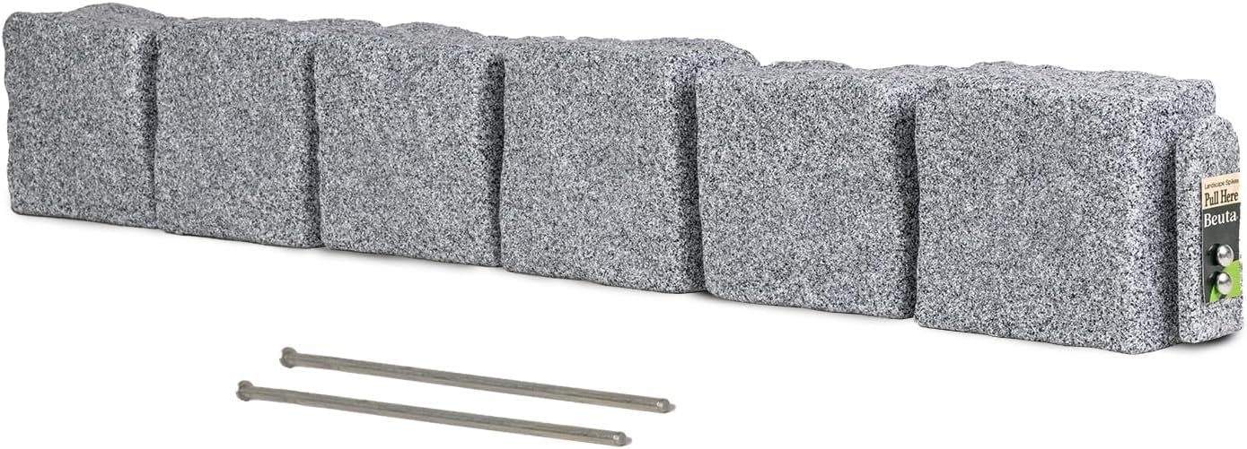 Beuta Landscape Edging | Garden Edging Border | Faux Stone Blocks for Lawn Edging, Flower Beds & Yard Edging – 1 Pack | Each Section Has 6 Blocks 48" L x 4" W x 6.5" H | 2 Spikes | Limewash