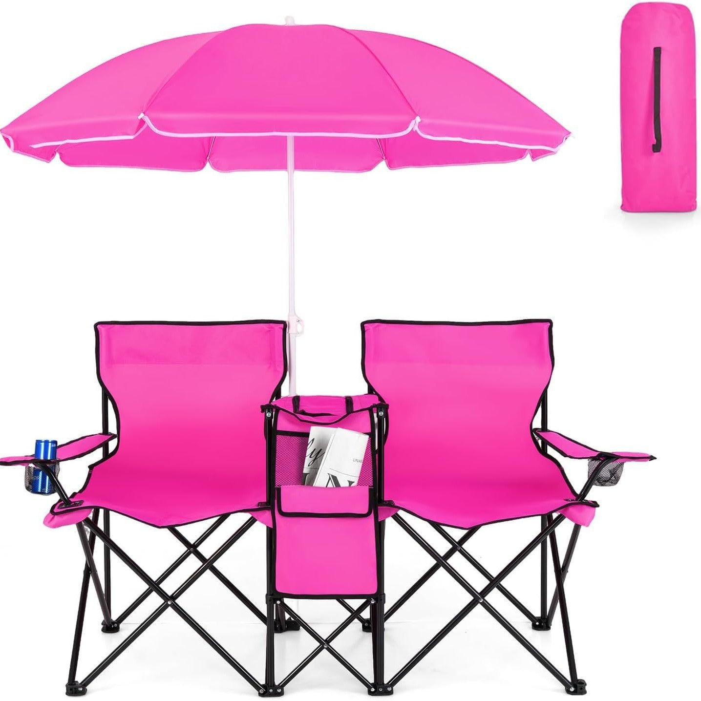 Outdoor folding sunshade love chair with ice pack, double sunshade umbrella, sun protection fishing chair