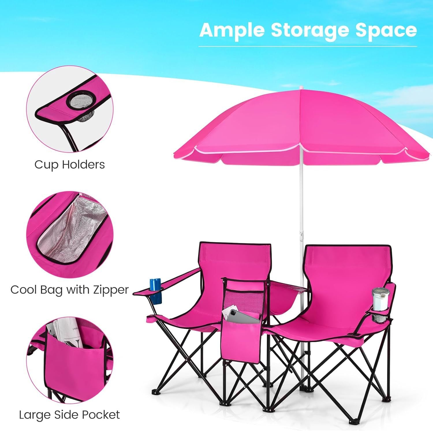 Outdoor folding sunshade love chair with ice pack, double sunshade umbrella, sun protection fishing chair
