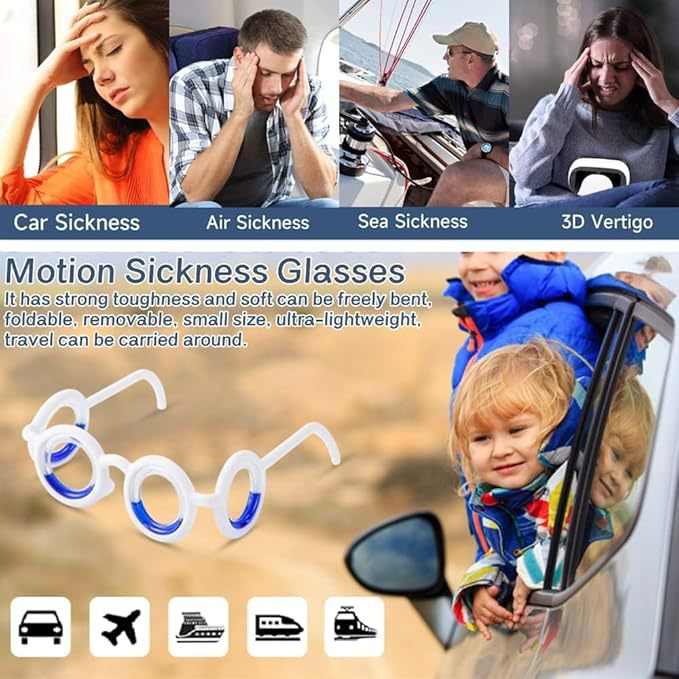 Anti-motion sickness glasses for adults and children, preventing dizziness from seasickness or car sickness. Liquid glasses to prevent vomiting.