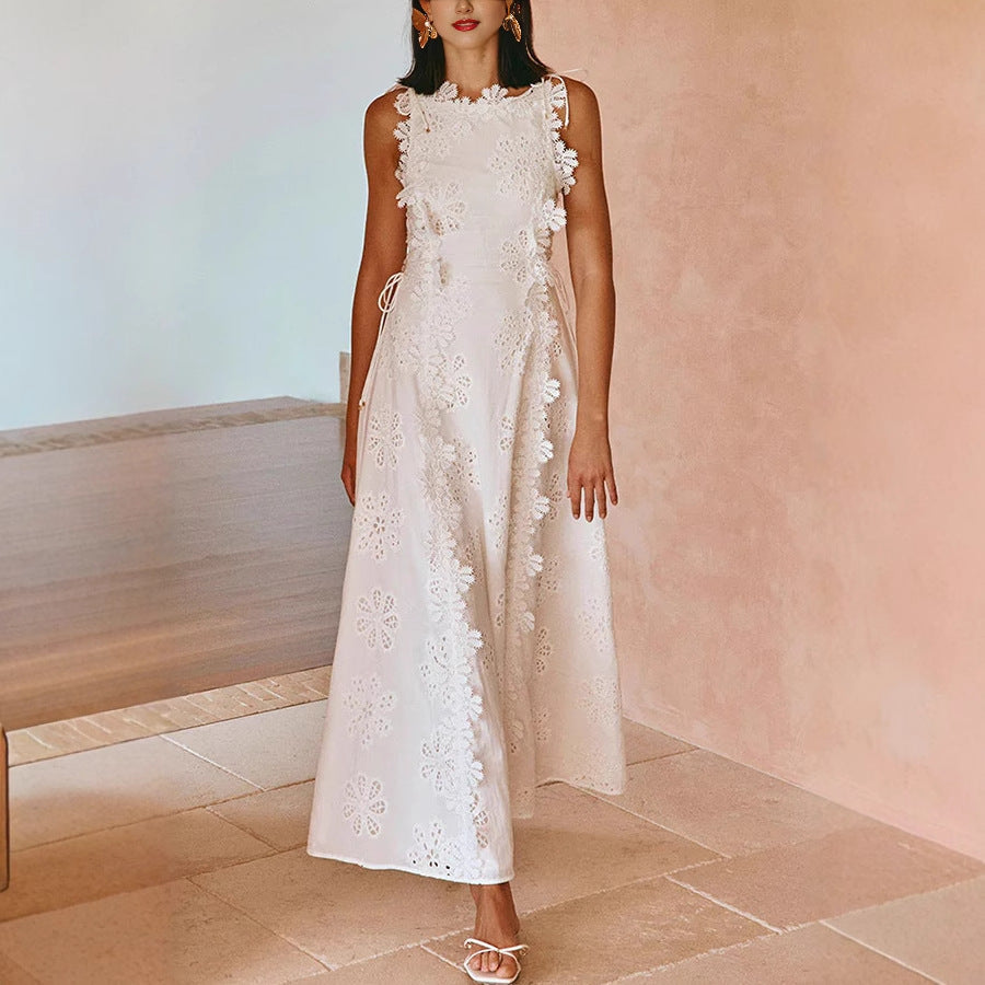 Lace embroidered floral dress, women's fitted sleeveless solid color long dress, elegant and fashionable openwork women's robe, free shipping.