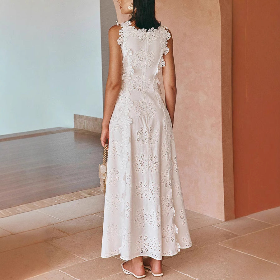 Lace embroidered floral dress, women's fitted sleeveless solid color long dress, elegant and fashionable openwork women's robe, free shipping.