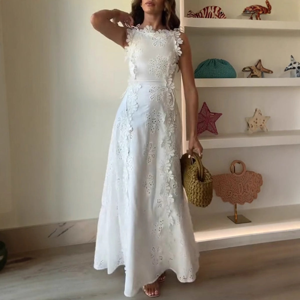 Lace embroidered floral dress, women's fitted sleeveless solid color long dress, elegant and fashionable openwork women's robe, free shipping.