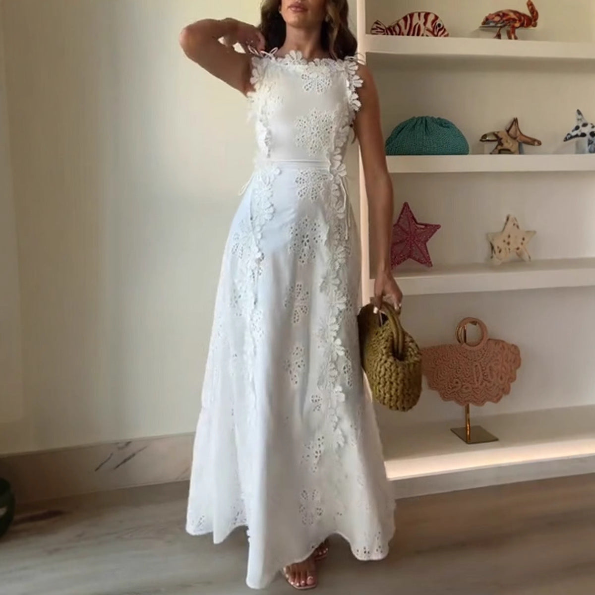 Lace embroidered floral dress, women's fitted sleeveless solid color long dress, elegant and fashionable openwork women's robe, free shipping.