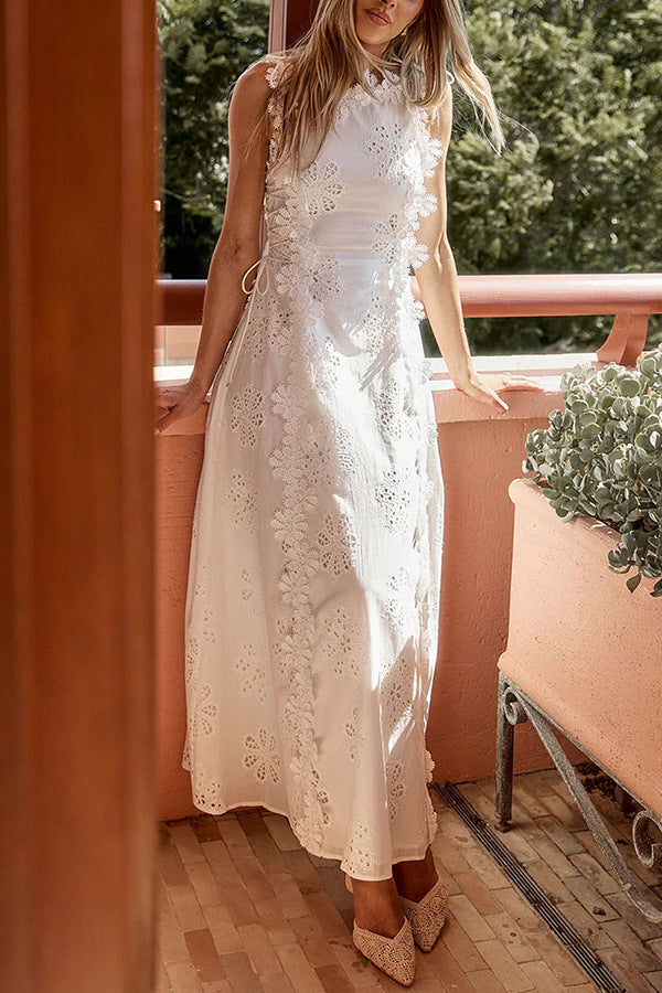 Lace embroidered floral dress, women's fitted sleeveless solid color long dress, elegant and fashionable openwork women's robe, free shipping.