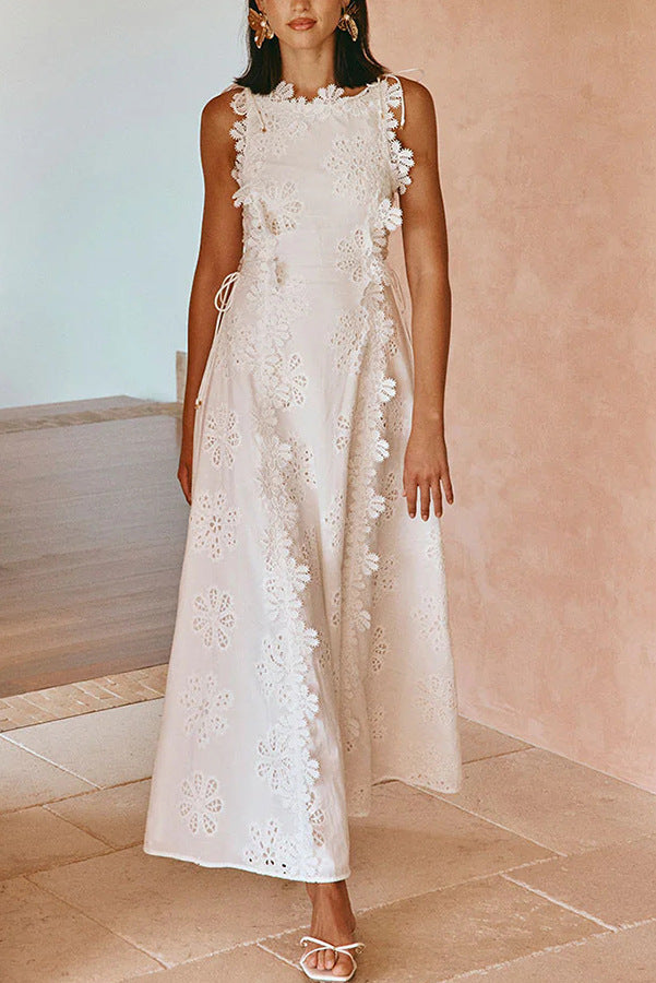 Lace embroidered floral dress, women's fitted sleeveless solid color long dress, elegant and fashionable openwork women's robe, free shipping.