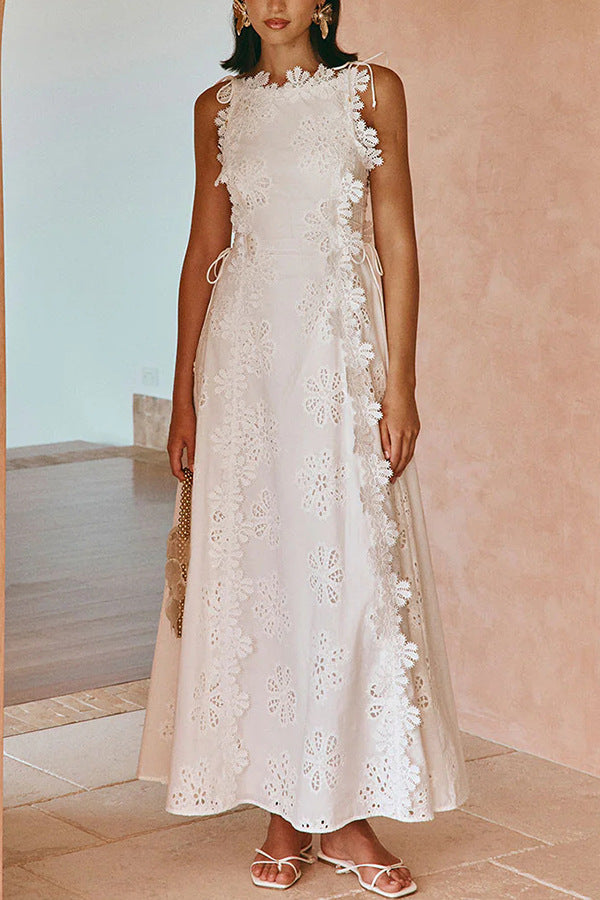 Lace embroidered floral dress, women's fitted sleeveless solid color long dress, elegant and fashionable openwork women's robe, free shipping.