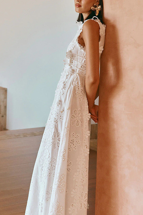 Lace embroidered floral dress, women's fitted sleeveless solid color long dress, elegant and fashionable openwork women's robe, free shipping.