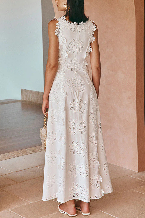 Lace embroidered floral dress, women's fitted sleeveless solid color long dress, elegant and fashionable openwork women's robe, free shipping.