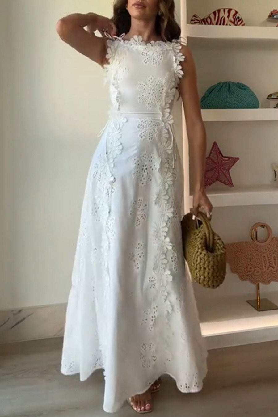 Lace embroidered floral dress, women's fitted sleeveless solid color long dress, elegant and fashionable openwork women's robe, free shipping.
