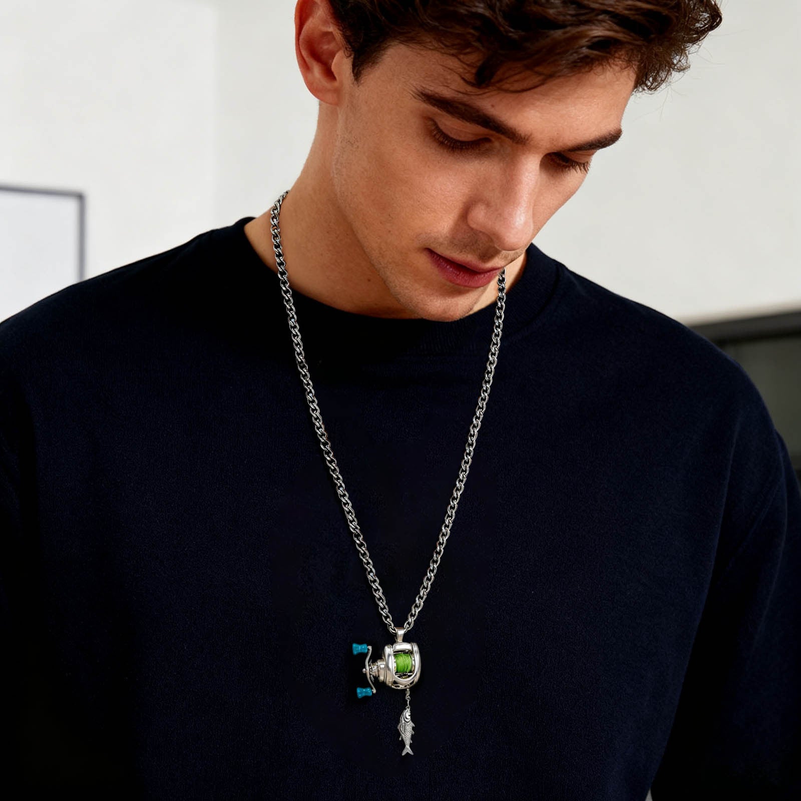 Mini fishing reel necklace