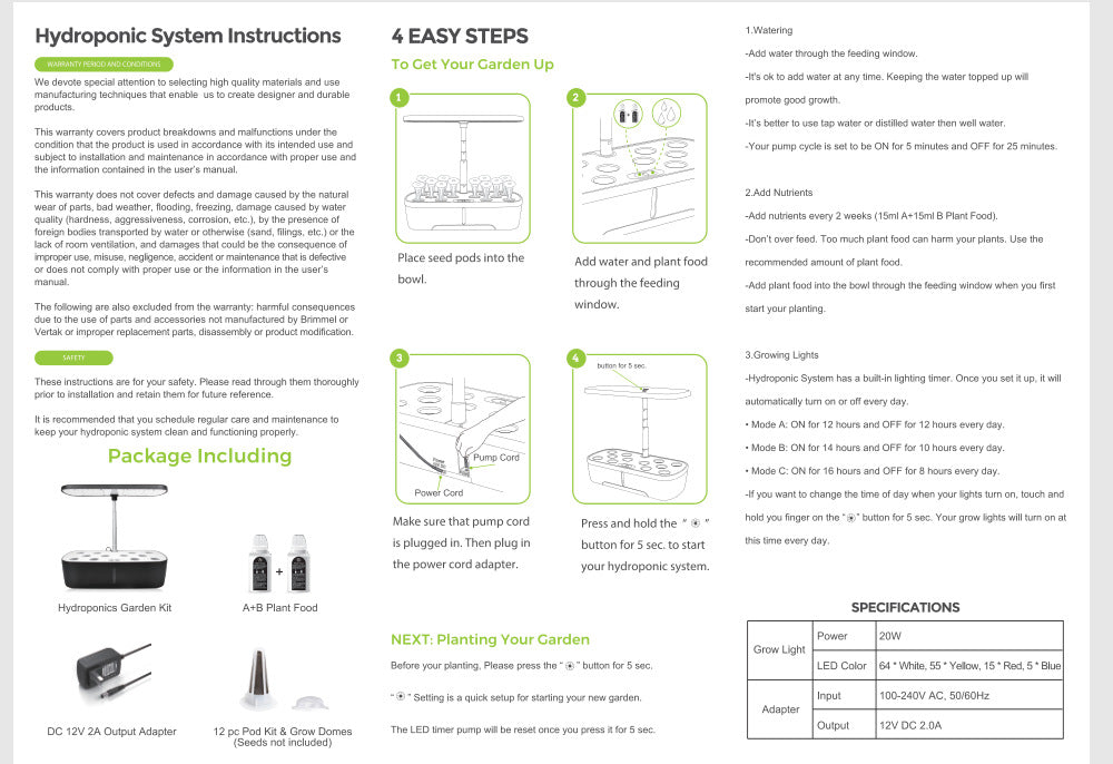 Full-spectrum plant grow lights, hydroponic LED plant lights, and planting kits and systems for soilless cultivation.