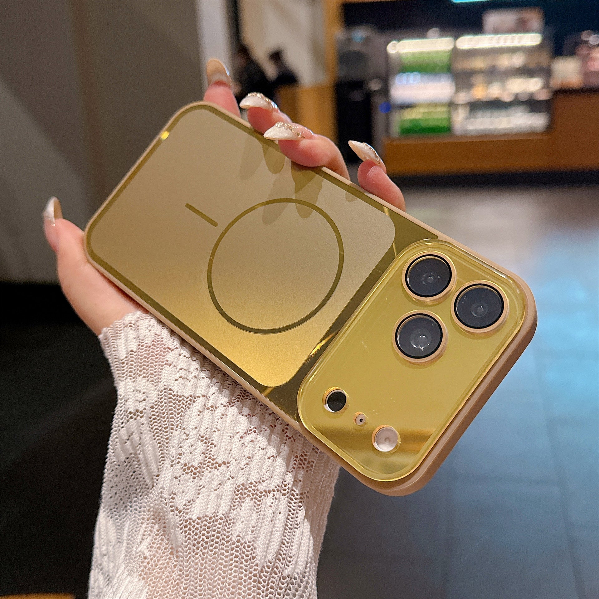 A high-quality, AI-powered, drop-proof case for iPhone 17 Pro with a large, flowing window display, compatible with all Apple models. It features a premium design and includes AI buttons.