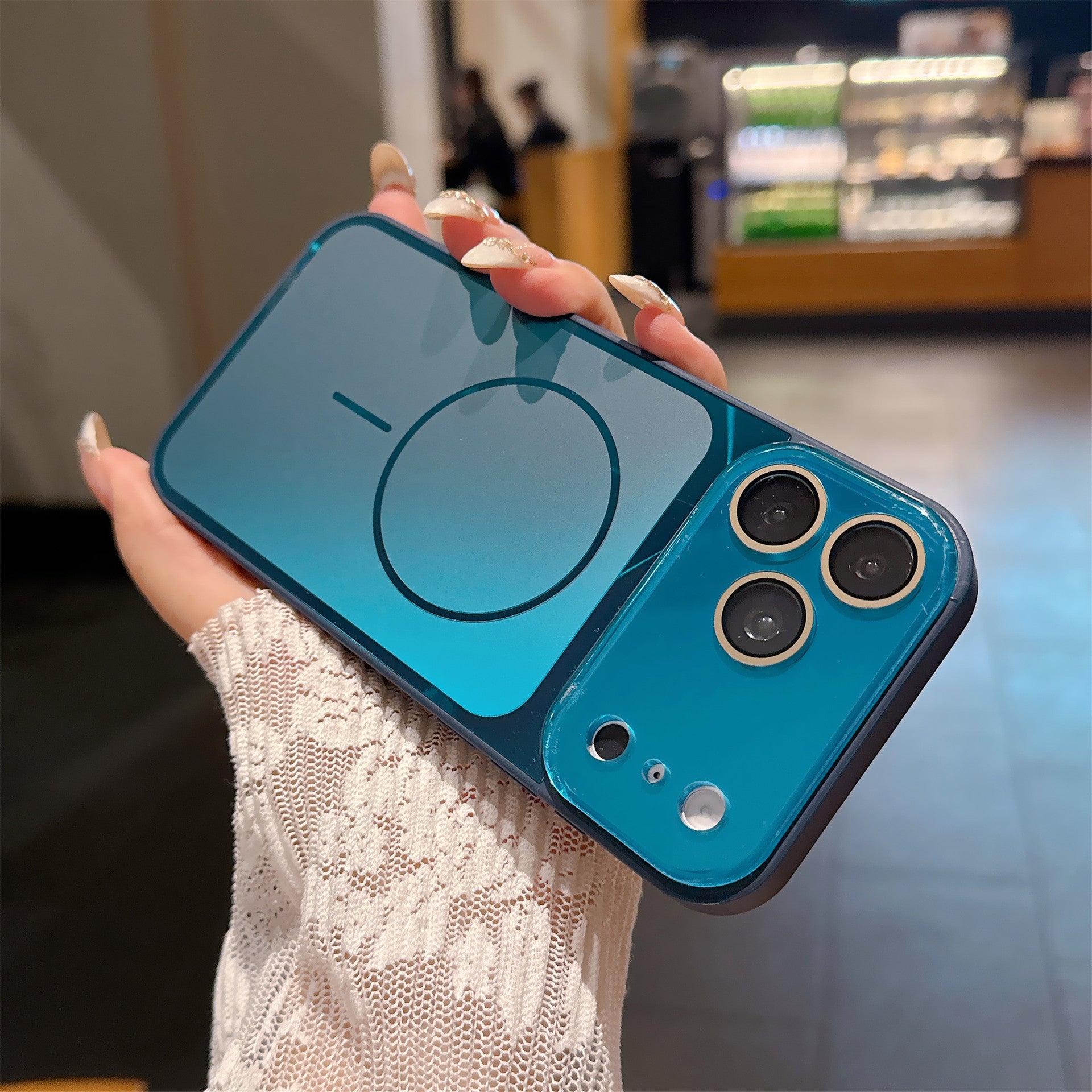 A high-quality, AI-powered, drop-proof case for iPhone 17 Pro with a large, flowing window display, compatible with all Apple models. It features a premium design and includes AI buttons.