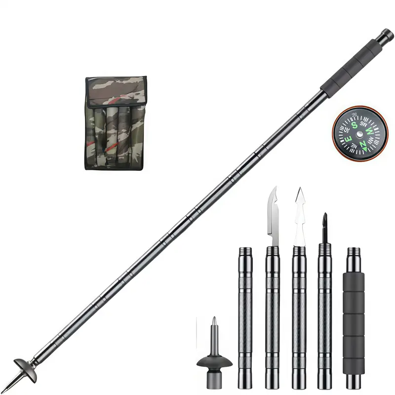 outdoorsmen gift tactical trekking walking Lightweight Adjustable Trekking Pole mountain climb 7-in-1 Tactical Trekking Pole Your Ultimate Outdoor Survival Companion – Compass, Tinder, Saw Blade & More for Hiking & Camping stick multi-scenario camp con