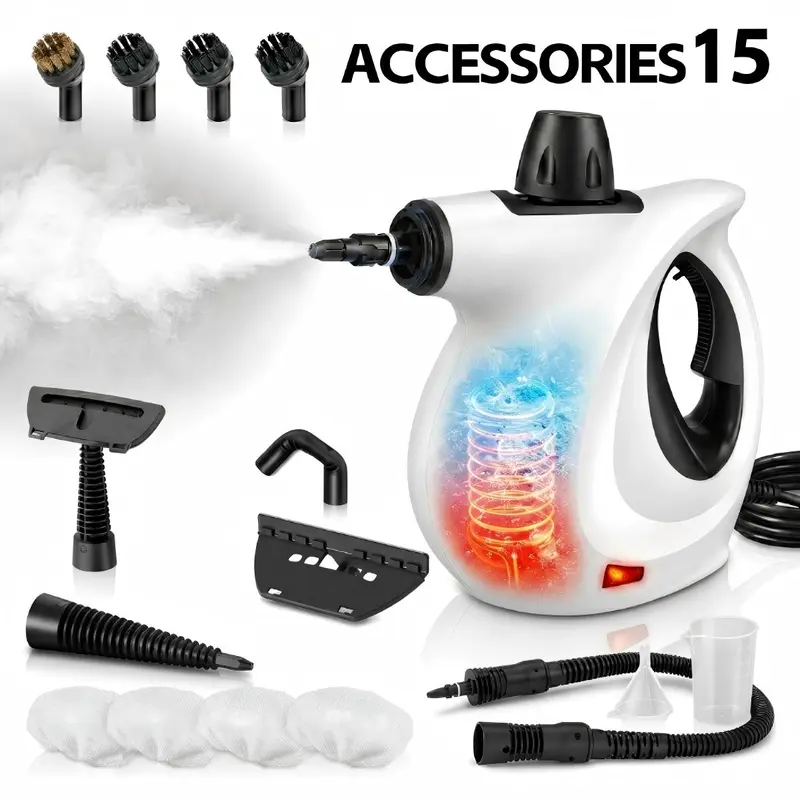 1050W Handheld High Temp Pressurized Steam Cleaner, 15 Accessories, Safety Lock & Fast Heat-Up for Kitchen Grease Car Cleaning