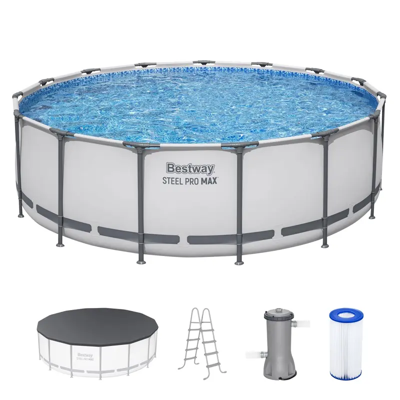 Bestway Steel Pro MAX Round Above Ground Pool Set, Gray (15 Ft | 14 Ft | 13 Ft | Size Options) Complete Set with Filter Pump, Ladder and Cover Fun Gift