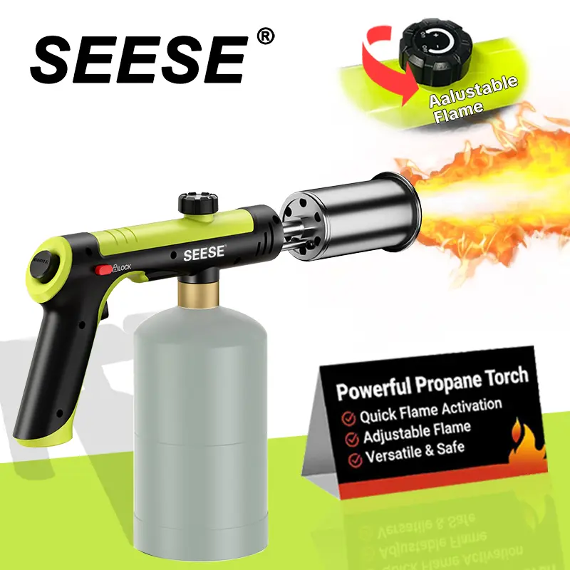 【FathersDayGift】SEESE Powerful Propane Torch(Propane Tank Not Included),With One-Touch Max Fire Button and Safety Lock, Adjustable Blow Torch for Sous Vide Searing Steak, BBQ,Fireplace,Charcoal Wood