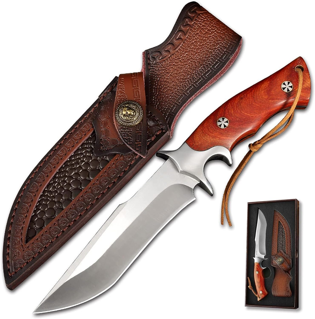 M390 Steel Handmade Hunting Knife, Fixed Blade Full-Tang with Leather Sheath, Red Wood Non-Slip Handle - Survival, Tactical, Camping knives，Gifts for men