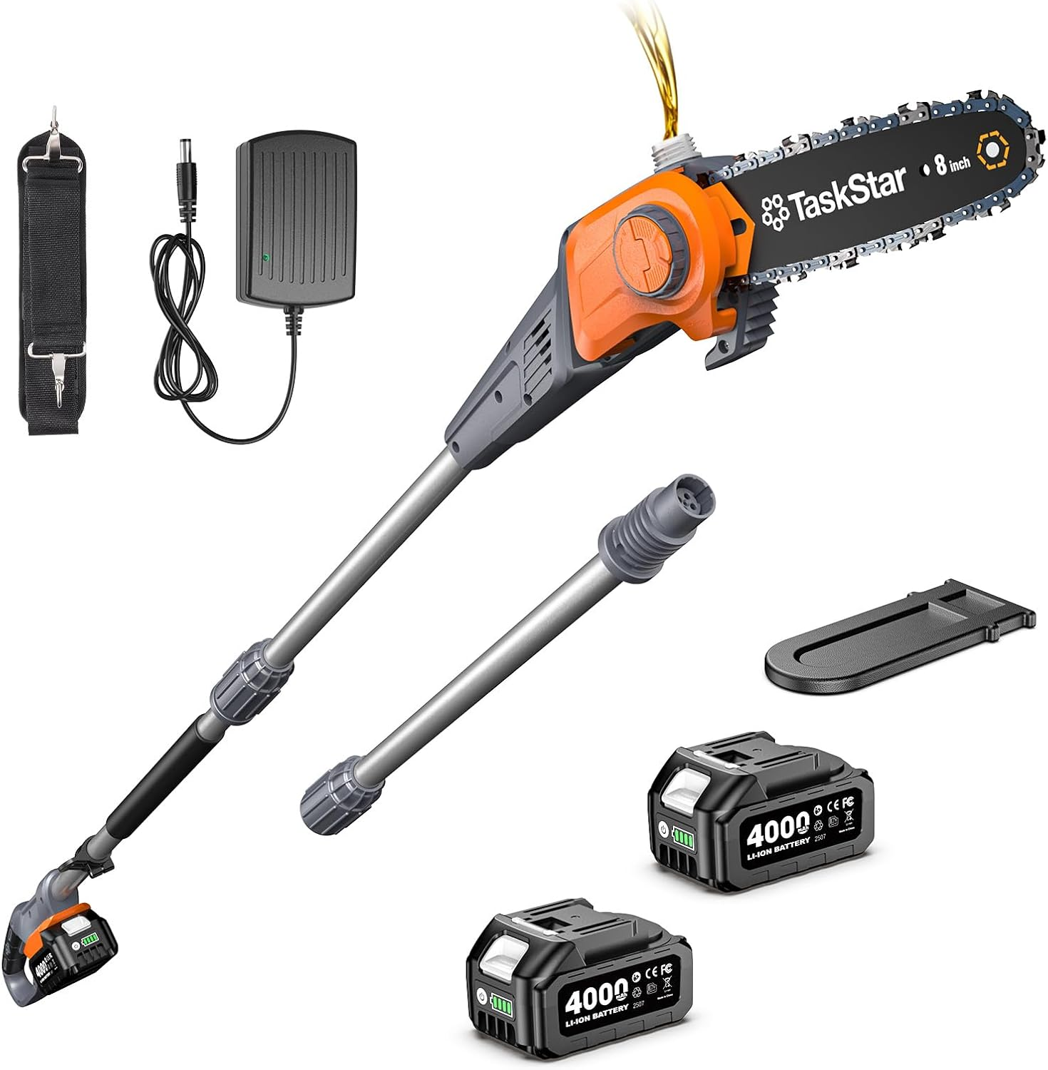 TaskStar 2-in-1 Pole Saw for Tree Trimming, 8-Inch Cordless Brushless Chainsaw with Adjustable Extension Pole, 2×4.0Ah Rechargeable Batteries & Charger, Auto Oiling, 15 Ft Max Reach