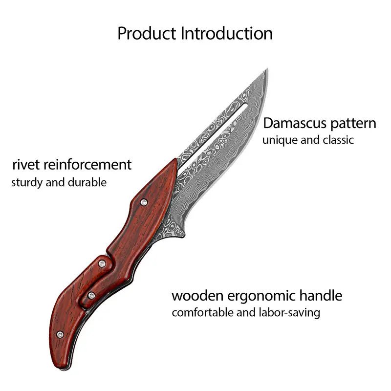 Damascus steel multifunctional folding knife | mechanical magic knife | creative horseshoe design | wooden handle | kitchen peeling tool and unique gift