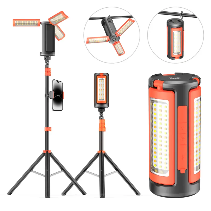 3-Head LED Camping Light - 10000mAh Power Bank, 67" Adjustable Stand, Detachable Tripod, High Power Flashlights, LED Flashlight Rechargeable, Rechargeable Spotlight, Portable Work Light, Work Accessories, Tech Gadgets for Outdoor, Emergency Use,summervibe