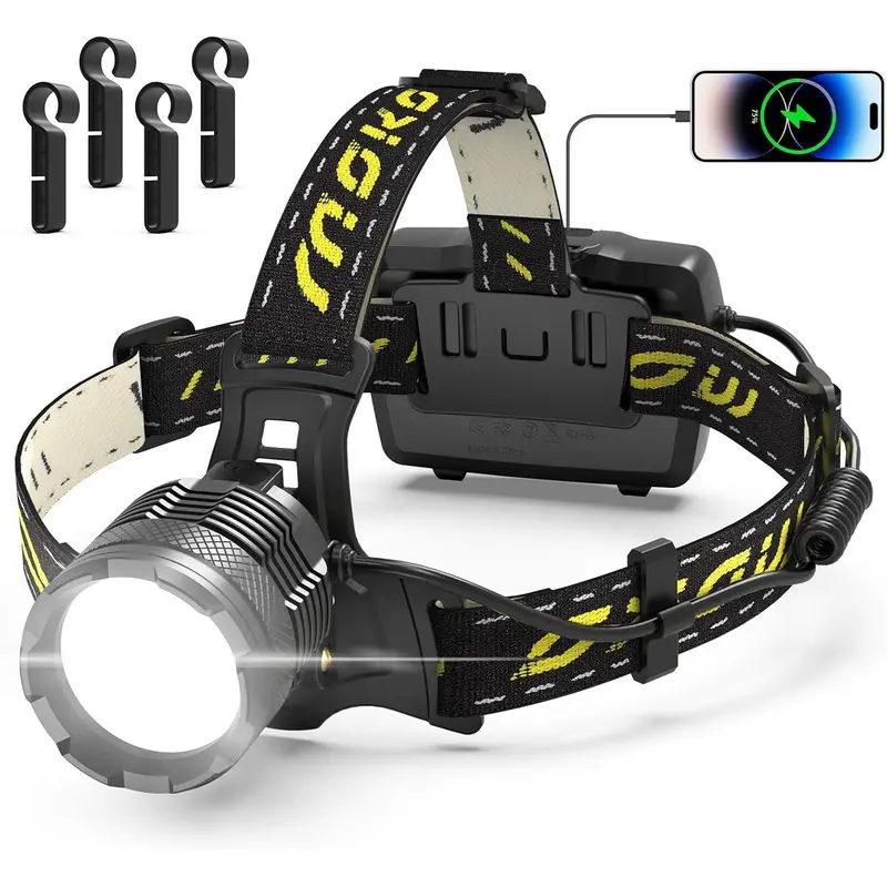Moko 150000 lumen rechargeable headlamp-60H long battery life detachable, 8 modes super bright 50W bulb IP68 waterproof 90 ° adjustable sensor headlight for outdoor camping fishing running hunting Tactical Flashlight