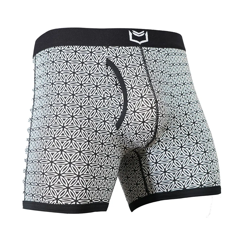 SHEATH 4.0 Men's Dual Pouch Boxer Briefs 5in - Modal Soft Breathable Underwear, Patent-Pending Flower of Life & Paisley Print Daily Comfort Natural