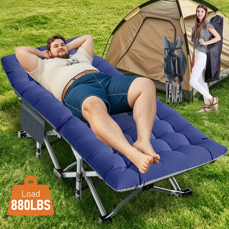 #Summervibes Naudacaa Folding Camping Cot with 2-Sided Mattress – Heavy-Duty, Portable Guest Bed for Camping, Travel, Outdoor & Indoor Use, Supports up to 880 lbs Blue