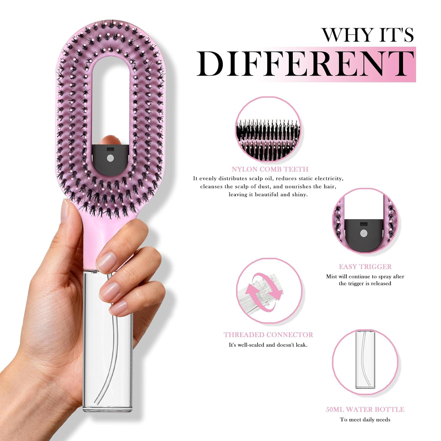 2-in-1 Detangler Hair Brush, With Built-In Mister Spray, Wet & Dry Detangling Brush for Curly, Wavy & Straight Hair | No-Tangle Anti-Frizz Hair Care Brush,Water Reservoir 50ml.