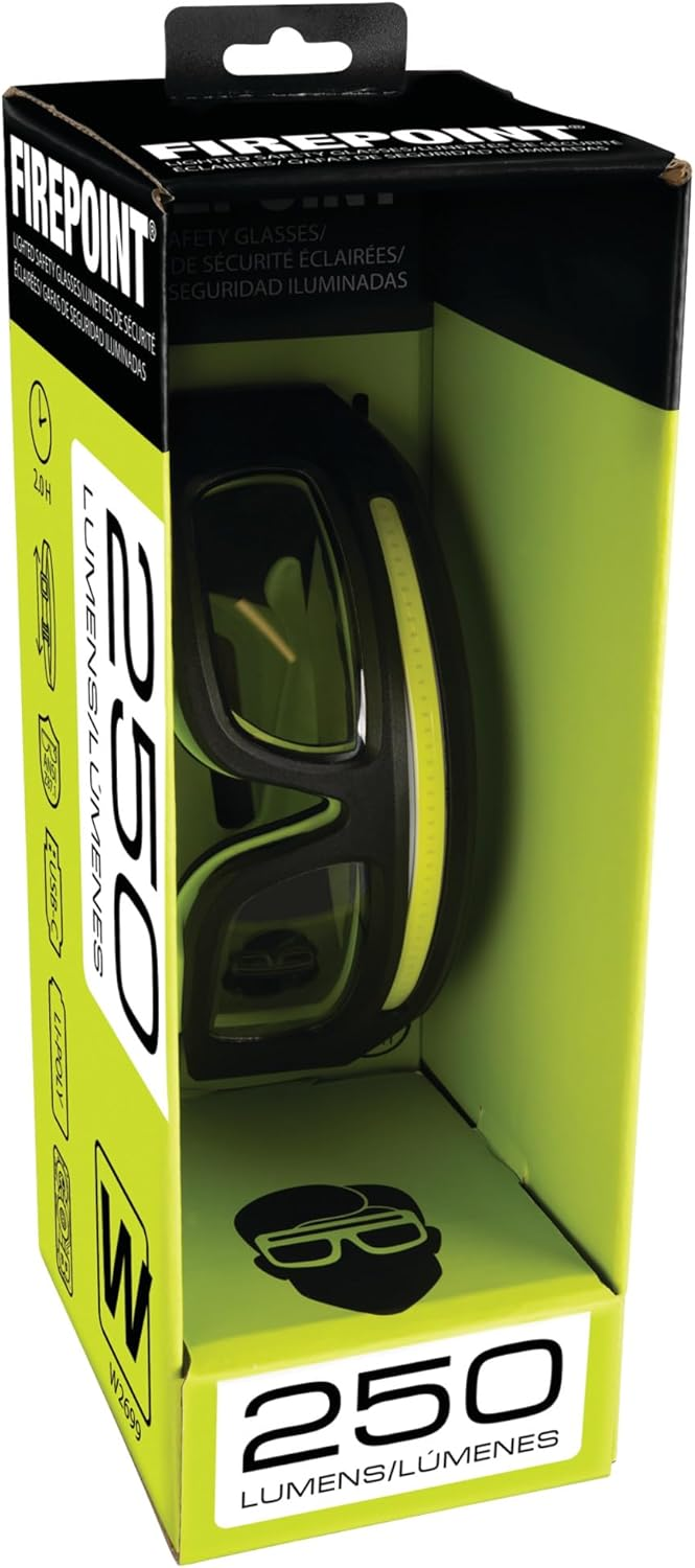Performance Tool W2699 Firepoint 300LM Li-Ion Lighted Safety Glasses - Cushioned Insert, Water-Resistant, Anti-UV, Anti-Scratch, Impact-Resistant, Black/Green