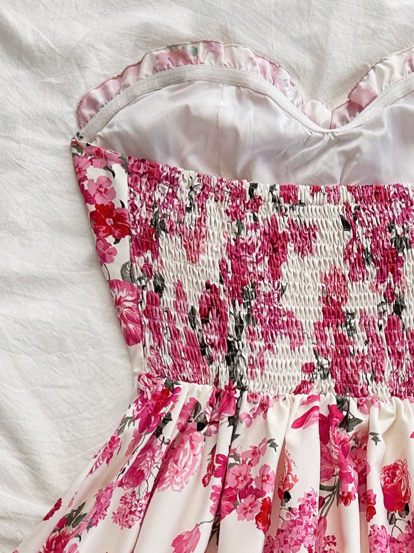 Rose print dress, romantic rose pattern, strapless design, ruffled hem, perfect for vacation wear, free shipping.