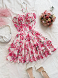 Rose print dress, romantic rose pattern, strapless design, ruffled hem, perfect for vacation wear, free shipping.