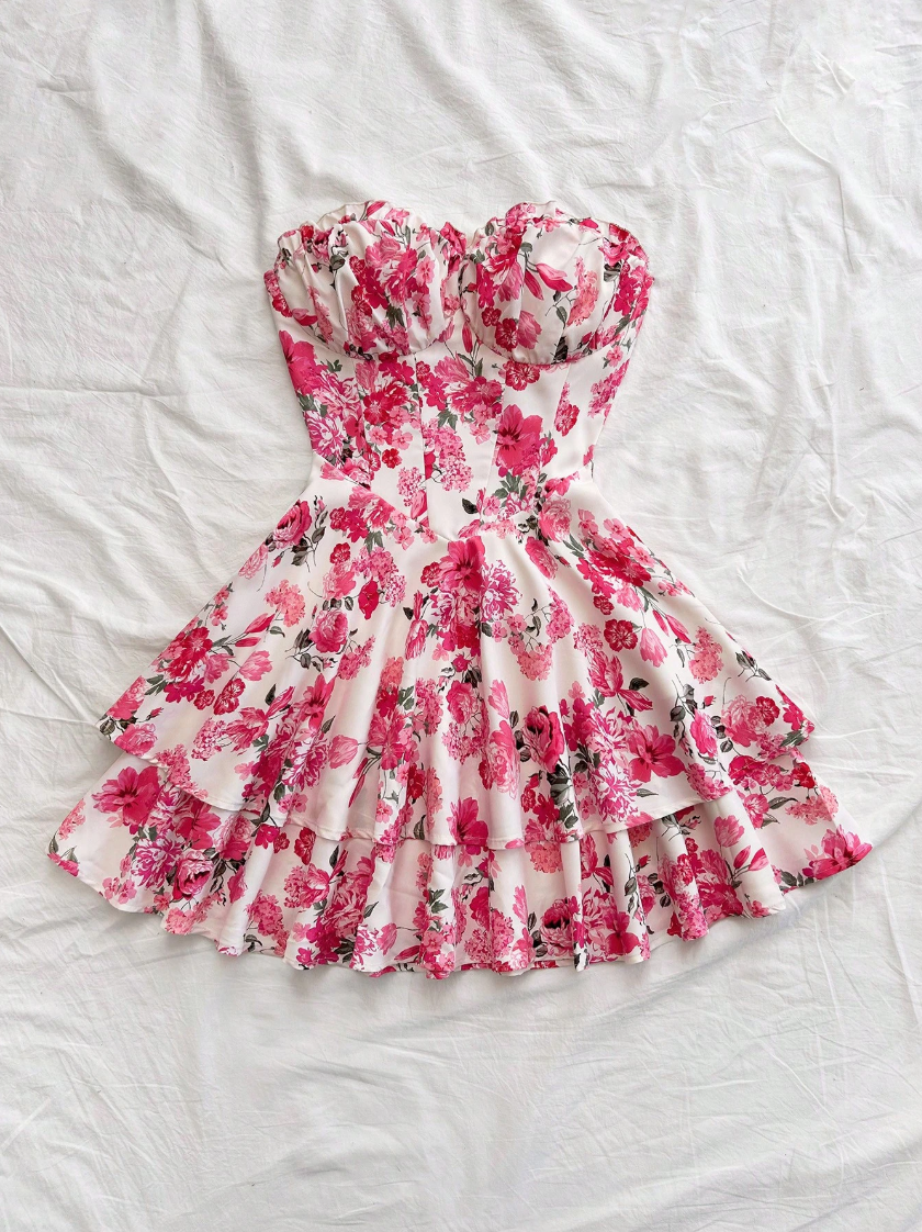 Rose print dress, romantic rose pattern, strapless design, ruffled hem, perfect for vacation wear, free shipping.