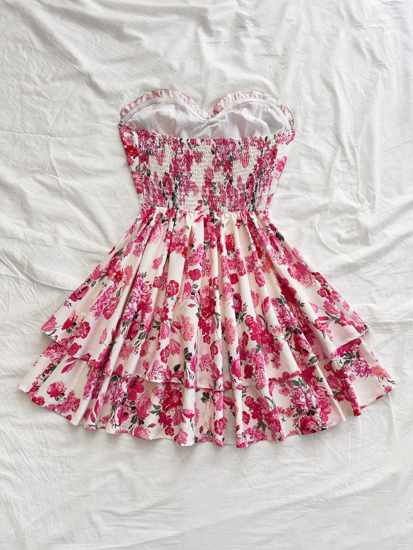 Rose print dress, romantic rose pattern, strapless design, ruffled hem, perfect for vacation wear, free shipping.