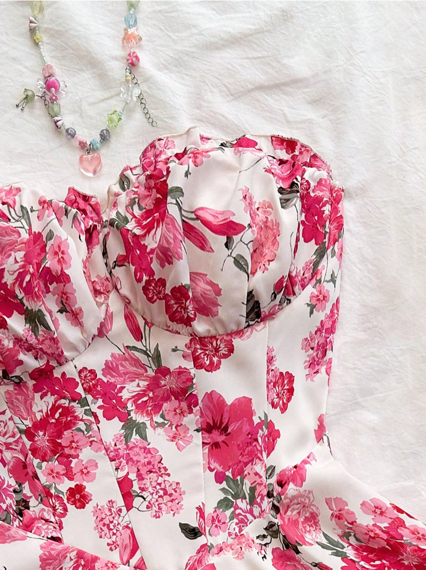 Rose print dress, romantic rose pattern, strapless design, ruffled hem, perfect for vacation wear, free shipping.