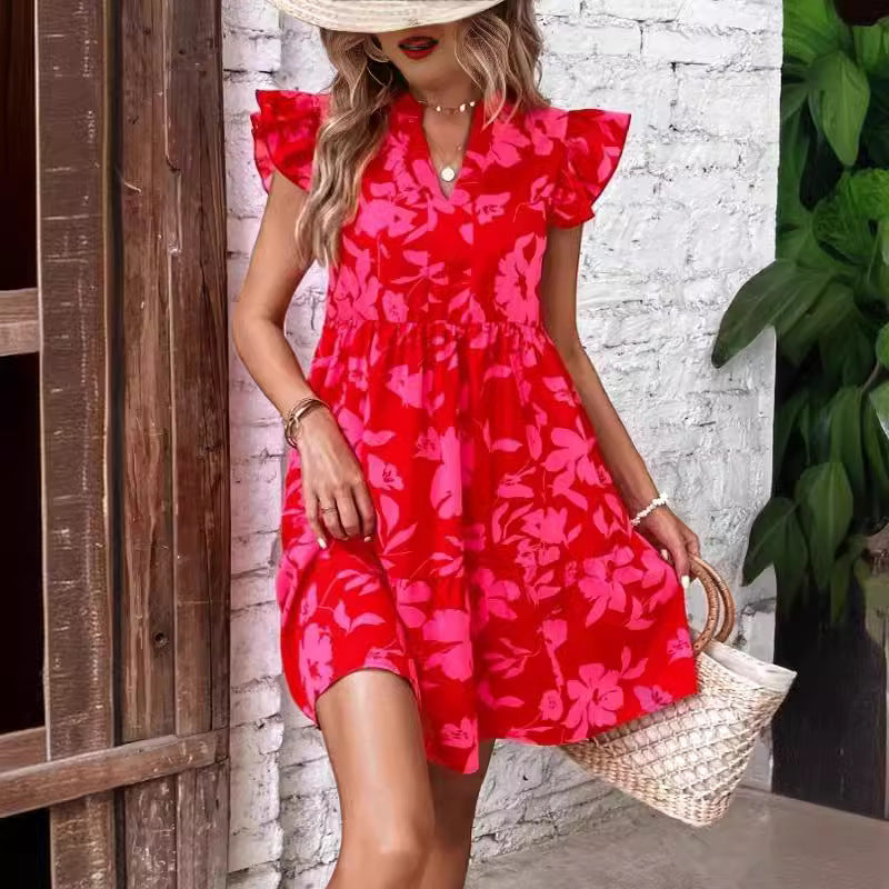 Women's Printed Ruffled Sleeve Layered Mini Dress - Straight Shoulder Bohemian Style V-Neck Casual Women's Wear - Free Shipping