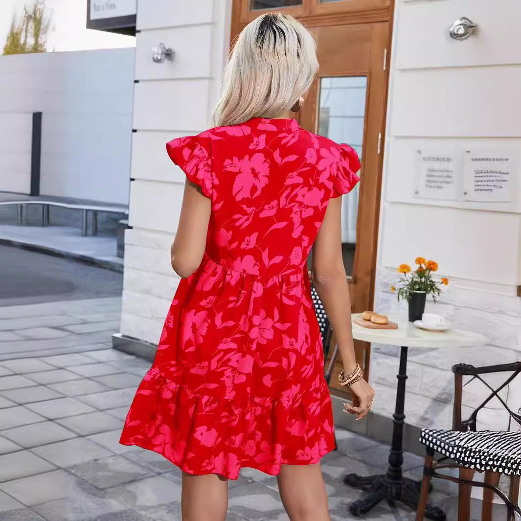 Women's Printed Ruffled Sleeve Layered Mini Dress - Straight Shoulder Bohemian Style V-Neck Casual Women's Wear - Free Shipping