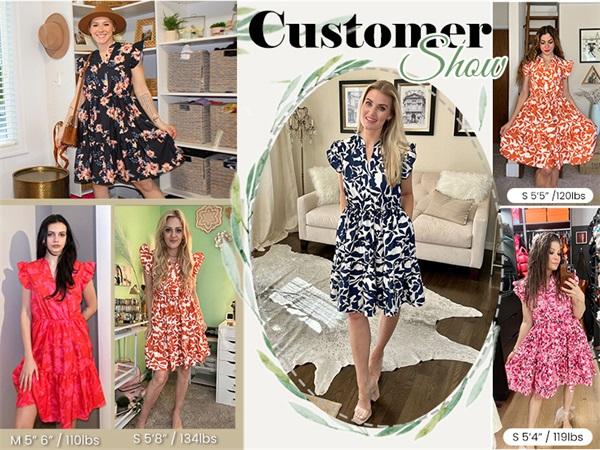 Women's Printed Ruffled Sleeve Layered Mini Dress - Straight Shoulder Bohemian Style V-Neck Casual Women's Wear - Free Shipping