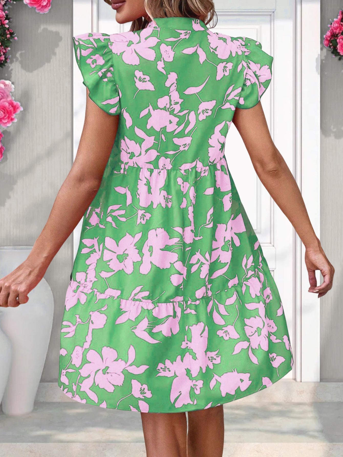 Women's Printed Ruffled Sleeve Layered Mini Dress - Straight Shoulder Bohemian Style V-Neck Casual Women's Wear - Free Shipping