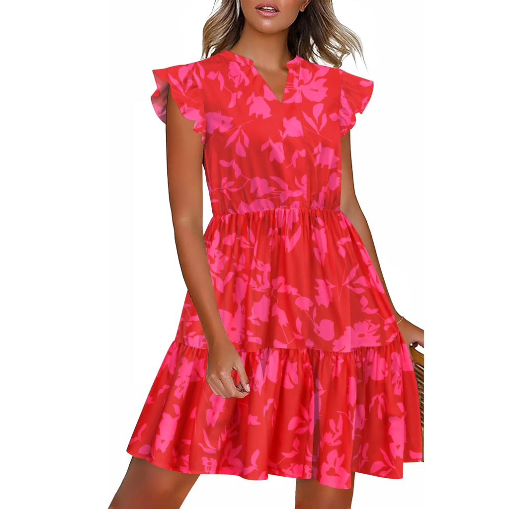 Women's Printed Ruffled Sleeve Layered Mini Dress - Straight Shoulder Bohemian Style V-Neck Casual Women's Wear - Free Shipping