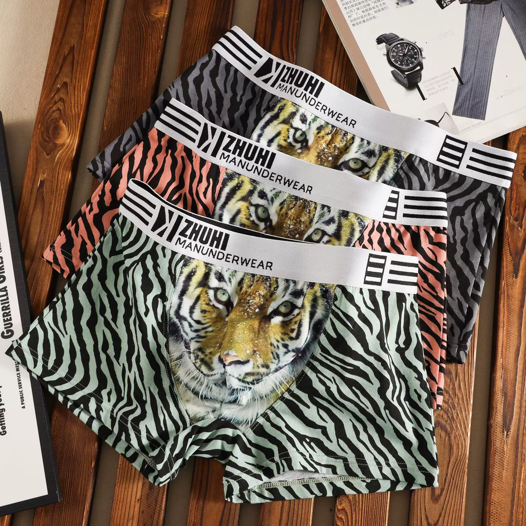 Leopard print cotton men's underwear, personalized trendy printing boxer briefs, comfortable, breathable and sexy tiger print men's boxer briefs