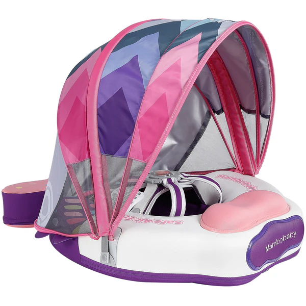 Mambobaby Non-Inflatable Baby Swim Float with Detachable Canopy, UPF 50+ Sun Protection, 5-Point Safety System, for Babies 3-24 Months