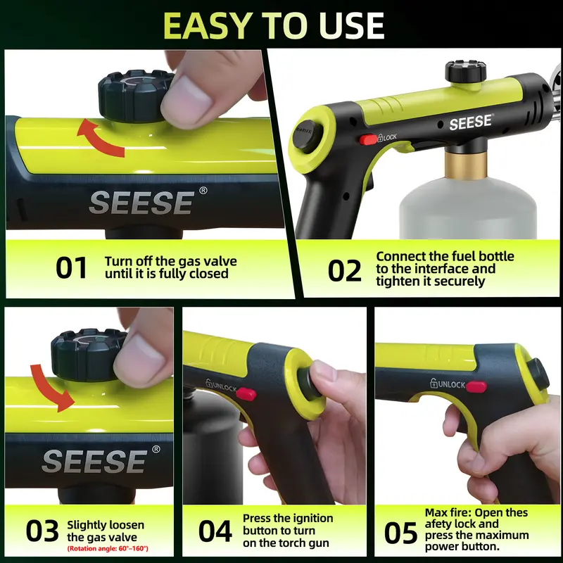 【FathersDayGift】SEESE Powerful Propane Torch(Propane Tank Not Included),With One-Touch Max Fire Button and Safety Lock, Adjustable Blow Torch for Sous Vide Searing Steak, BBQ,Fireplace,Charcoal Wood