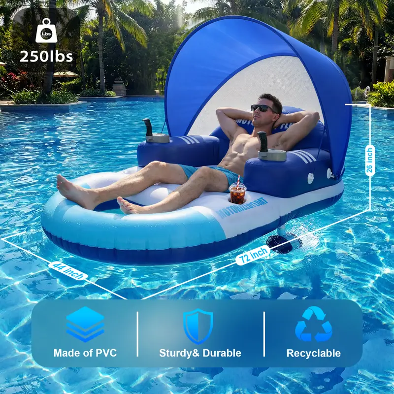 Motorized Pool Float with Canopy, Rechargeable Motorized Floats with Cup Holder – Dual Motor Heavy Duty Electric Lounger Raft for Adults, Pool, Lake & Party，inflatable pool raft