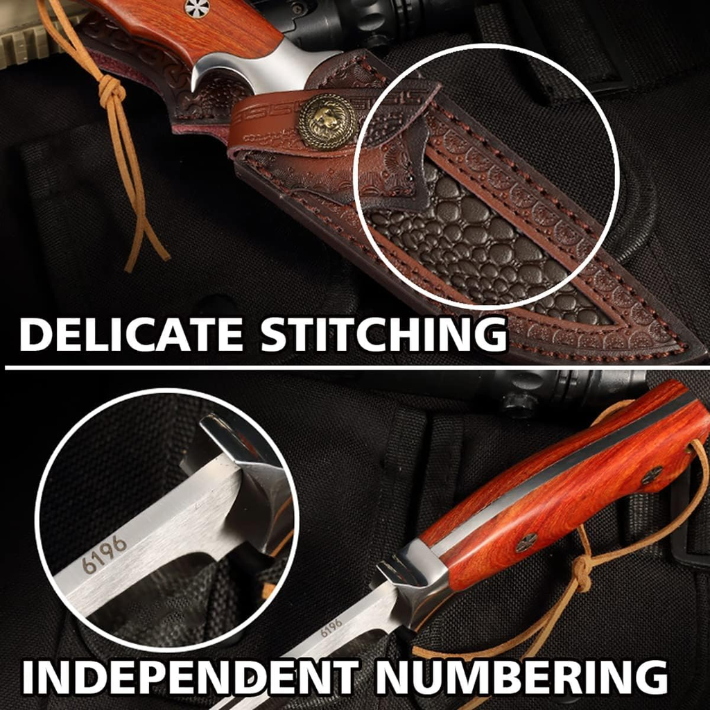 M390 Steel Handmade Hunting Knife, Fixed Blade Full-Tang with Leather Sheath, Red Wood Non-Slip Handle - Survival, Tactical, Camping knives，Gifts for men