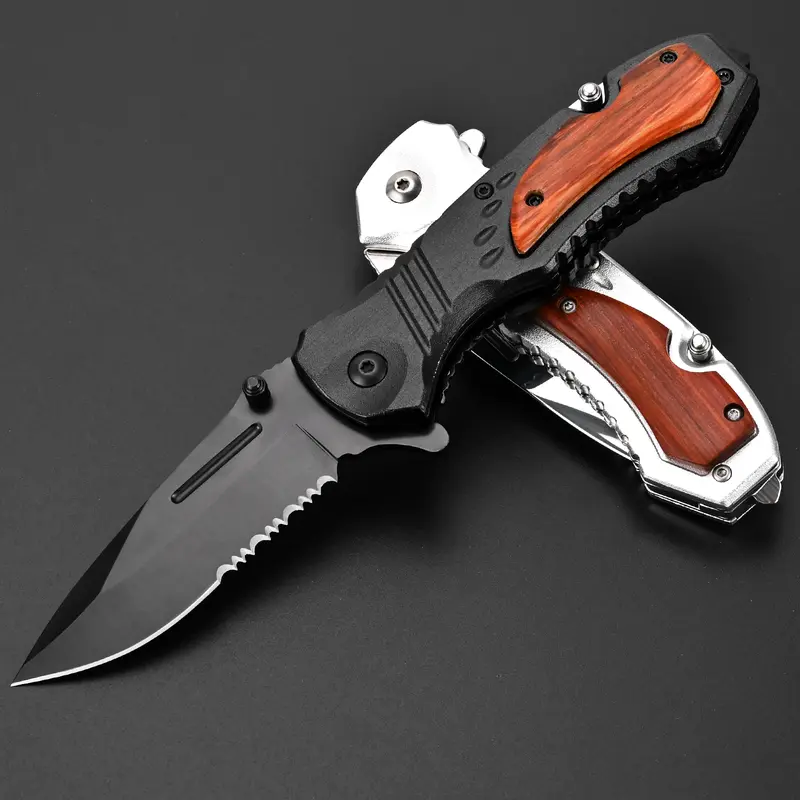 Pocket Knife for Men - Sharp Blade Wood Handle Pocket Folding Knives with Clip, Glass Breaker - EDC Knives for Survival Camping Hunting Fishing Hiking Women, Large, Black