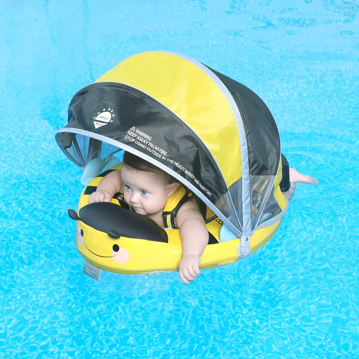 Mambobaby Non-Inflatable Baby Swim Float with Detachable Canopy, UPF 50+ Sun Protection, 5-Point Safety System, for Babies 3-24 Months