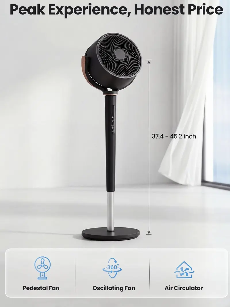 120° Automatic 4-Way Oscillating Standing Fan, Quiet DC Motor, 16 Speeds, 4 Modes, Adjustable 37-45" Height, 12H Timer, Remote Control